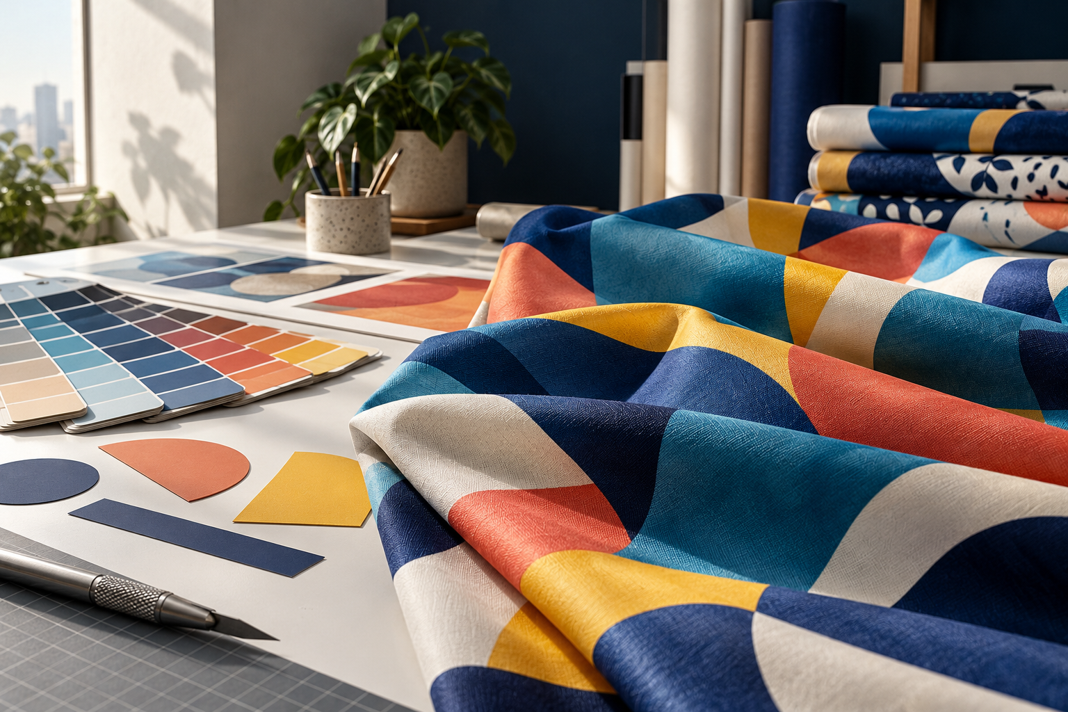 Vivid digitally printed fabric samples and color swatches arranged on a print studio worktable